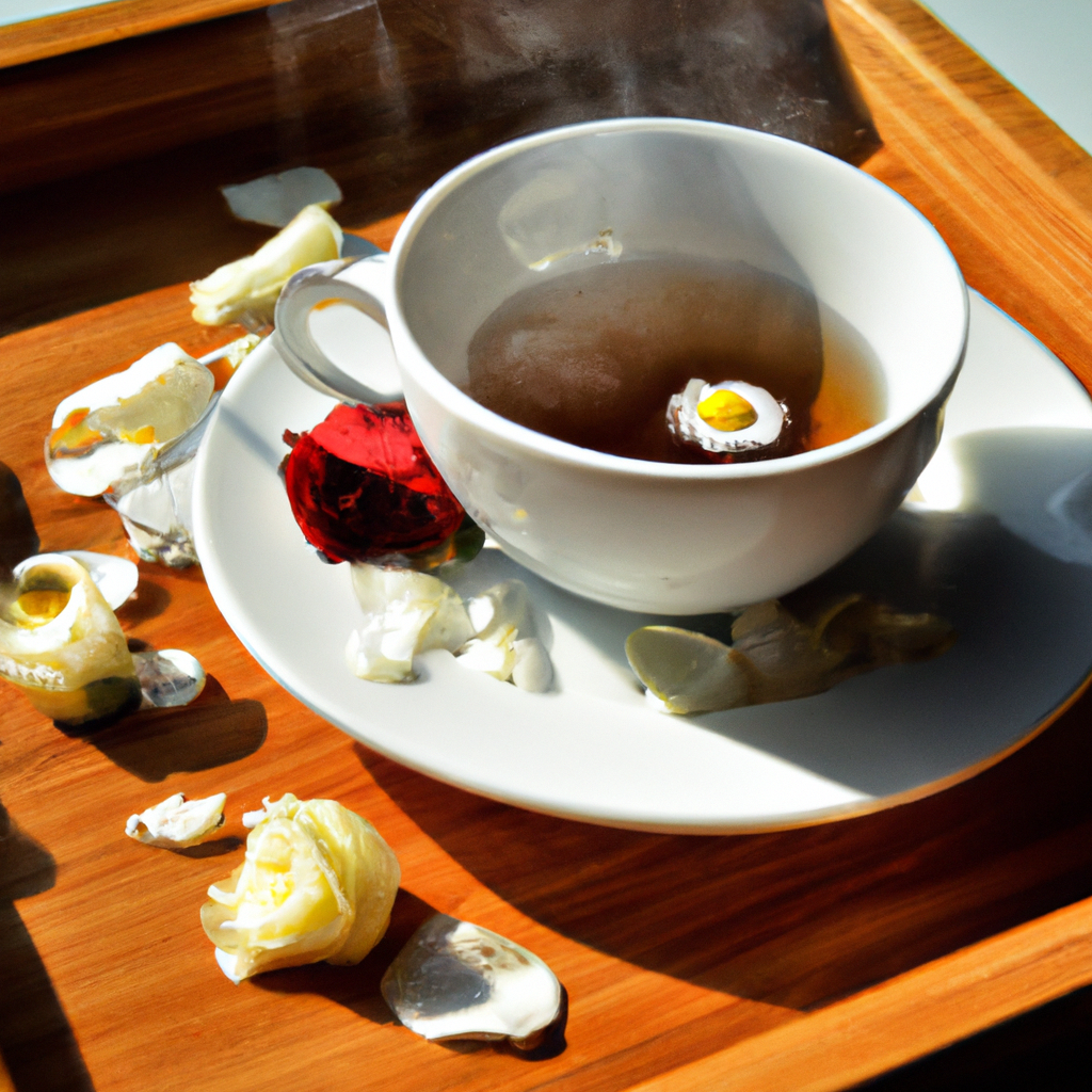 a white cup of steaming tea with a few chamomile flowers, red rose petals and jasmine on a wood tray
