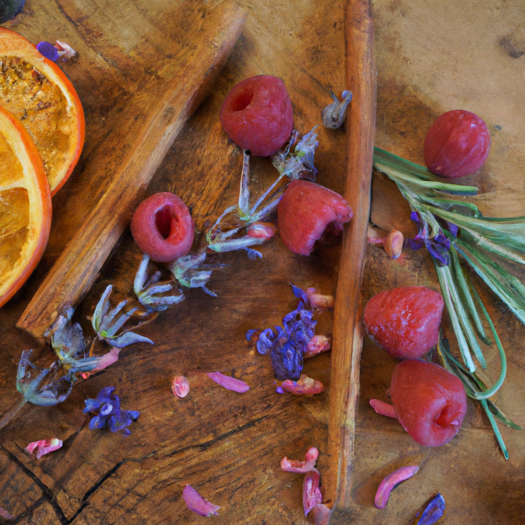 rustic barnwood plank with lavender sprigs, raspberries, orange peel, cinnamon sticks and rosehips on it